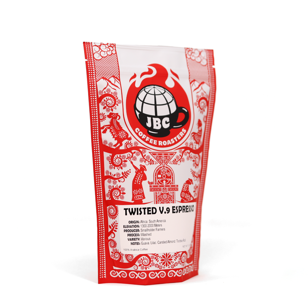 Red and white JBC Coffee Connect Twisted V.9 Espresso with chocolate and caramel notes.