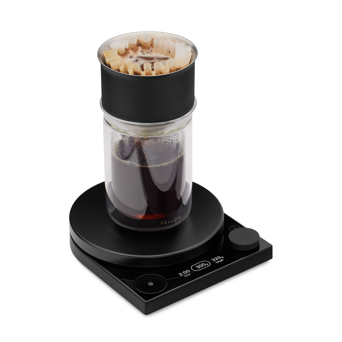 Fellow Tally™ Pro Precision Scale | Studio Edition with glass pour-over and Brew Assist Mode on.