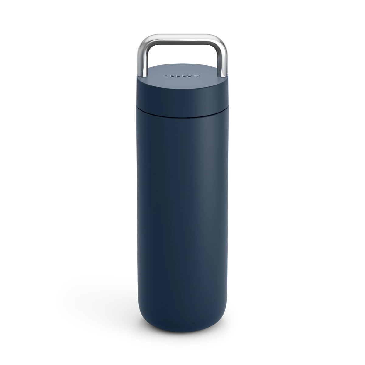 Fellow Carter Carry Travel Mug: tall, dark blue with a silver handle on a white background.