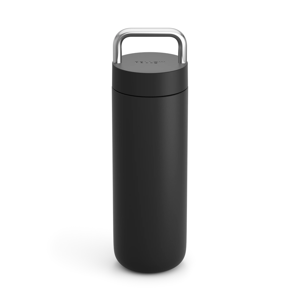 Fellow Carter Carry Travel Mug in matte black with silver handle, standing upright.