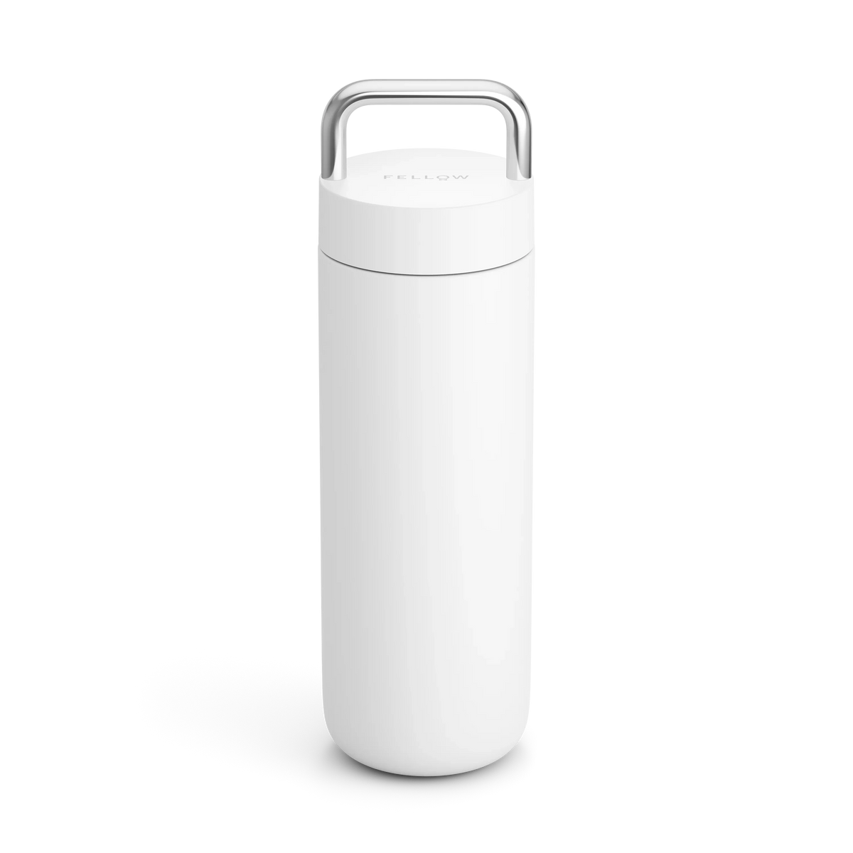 Fellow Carter Carry Travel Mug in white with a silver handle on a plain white background.