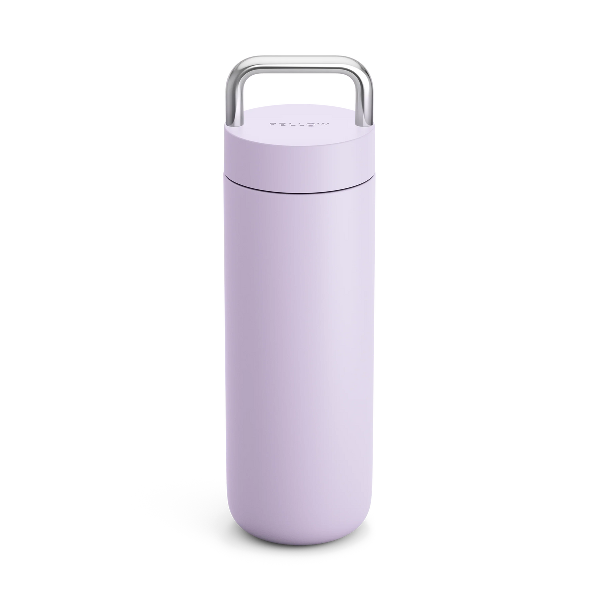 The Fellow Carter Carry Travel Mug in lavender with a silver handle, upright on white.