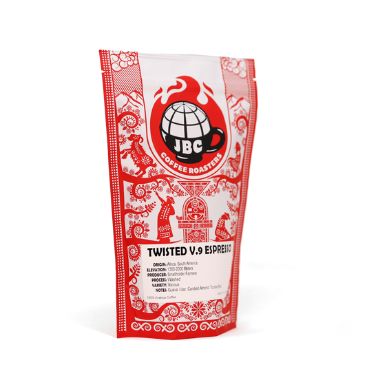 Red and white JBC Coffee Connect Twisted V.9 Espresso with chocolate and caramel notes.