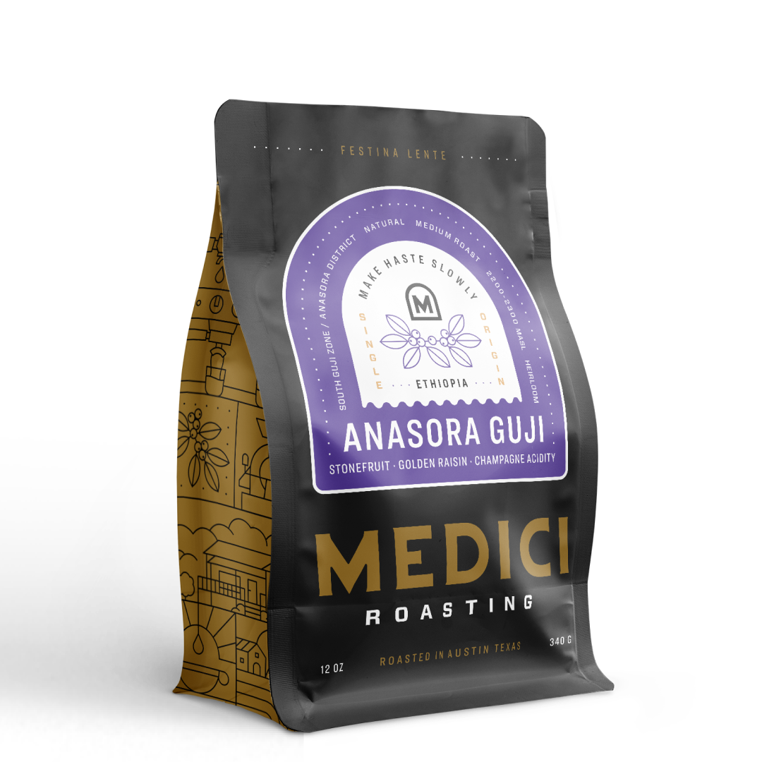 A Medici Roasting bag labeled Ethiopia Anasora Guji Natural, featuring Ethiopian coffee.