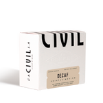 A box of Civil Coffee Store La Angostura Decaf coffee from Chiapas, México.