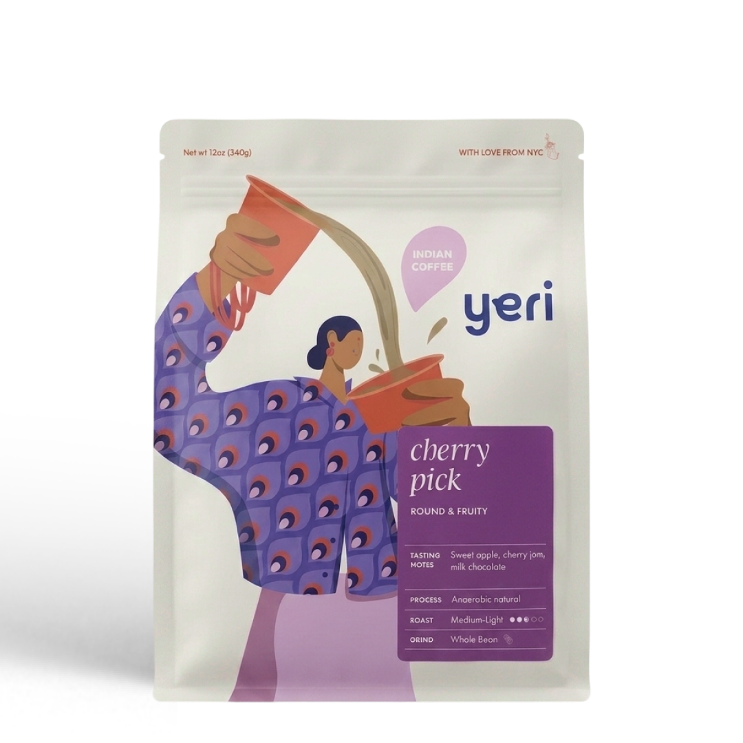 Coffee bag with woman pouring Yeri Coffee’s Cherry Pick from Ratnagiri Estate.