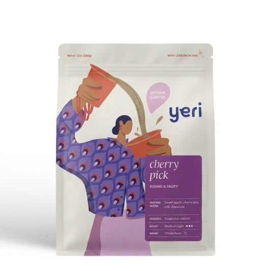 Coffee bag with woman pouring Yeri Coffee’s Cherry Pick from Ratnagiri Estate.