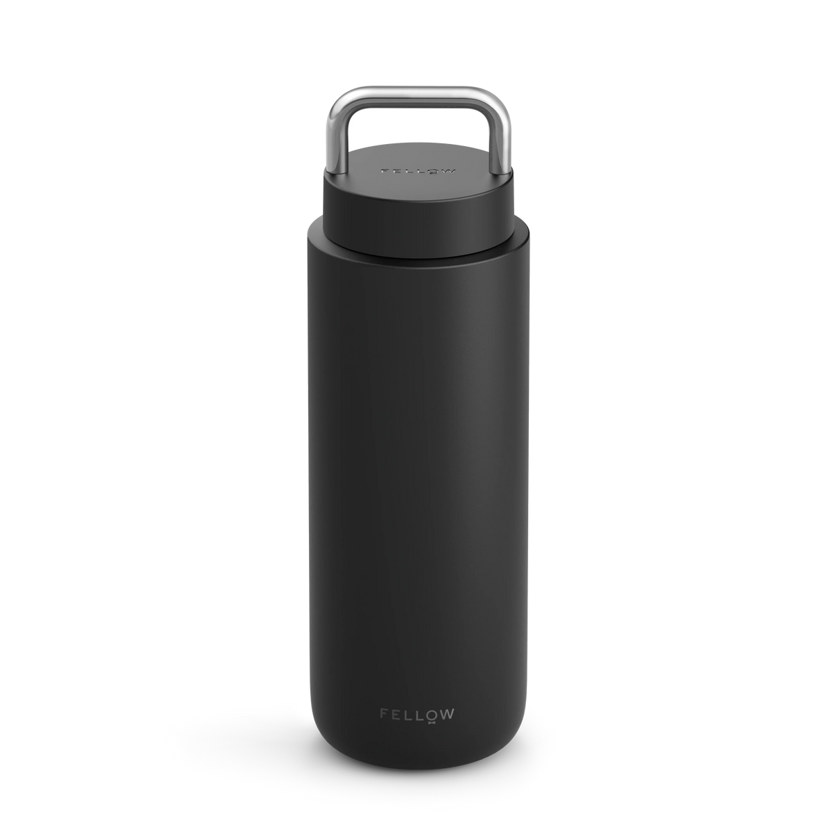 Matte black Carter Carry Travel Mug by Fellow with metal handle and logo on the bottom.