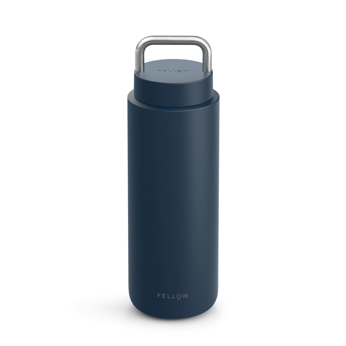 Navy Carter Carry Travel Mug by Fellow with metal handle and logo near base.