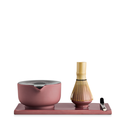 Fellow Matcha Set in Dusty Rose: ceramic bowl, bamboo whisk & spoon on matching tray.