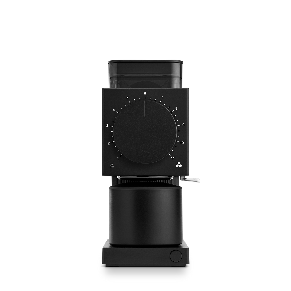 Fellow Ode Brew Grinder Gen 2 in matte black with automatic stop and large dial on white background.
