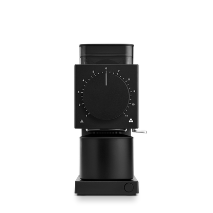 Fellow Ode Brew Grinder Gen 2 in matte black with automatic stop and large dial on white background.