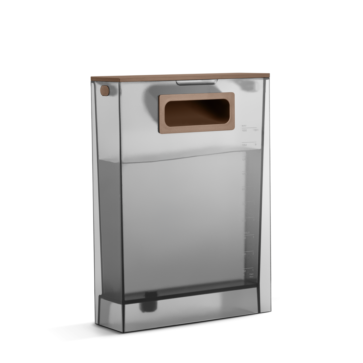Aiden Precision Coffee Maker water tank by Fellow, Malted Chocolate, with handle and brown lid.