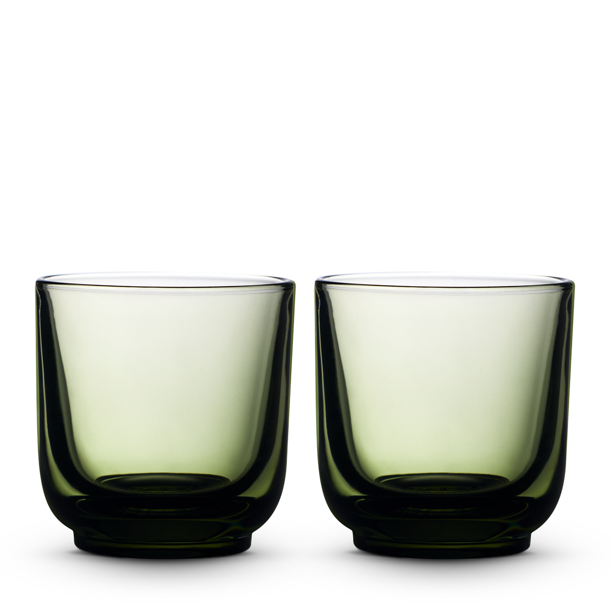 Two Fellow Pirch Espresso Glasses in Woodland color side by side on a plain white background.