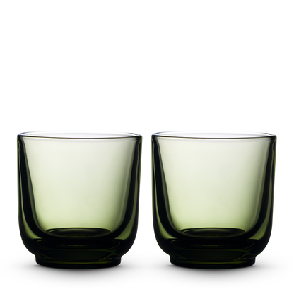 Two Fellow Pirch Espresso Glasses in Woodland color side by side on a plain white background.