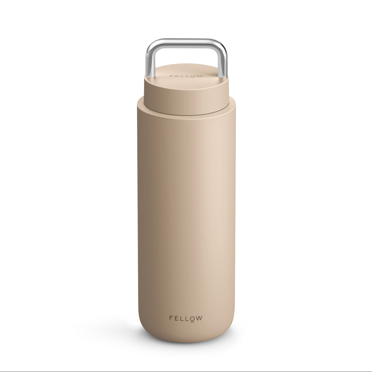 Beige Fellow Carter Carry Travel Mug with metal handle and "Fellow" on the front.