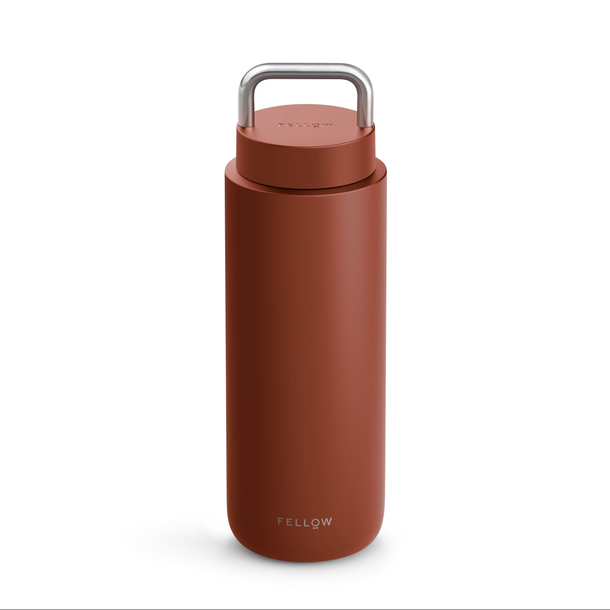 Matte brown Fellow Carter Carry Travel Mug with a metal handle on the lid.