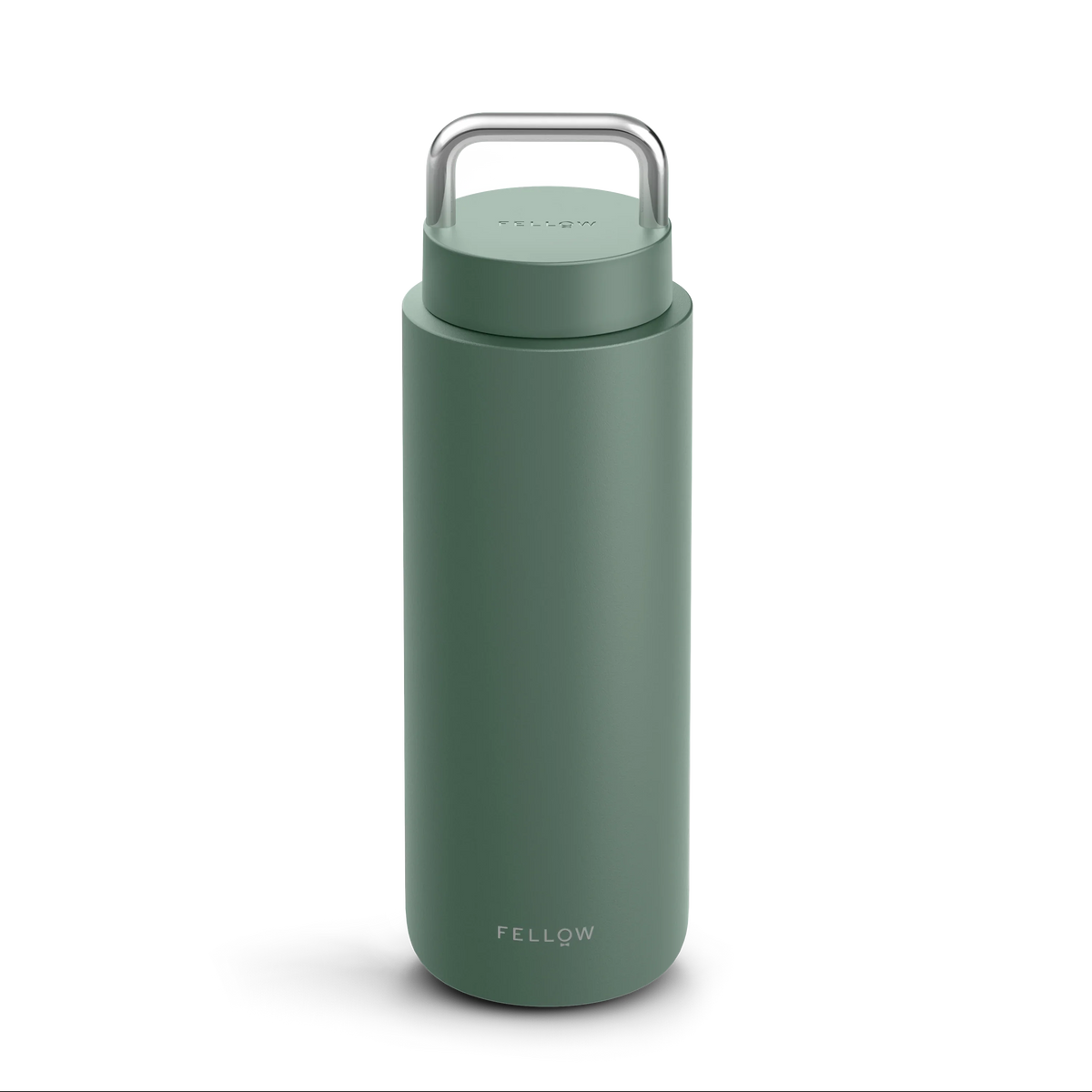 Matte green Fellow Carter Carry Travel Mug with silver handle and logo at the bottom.