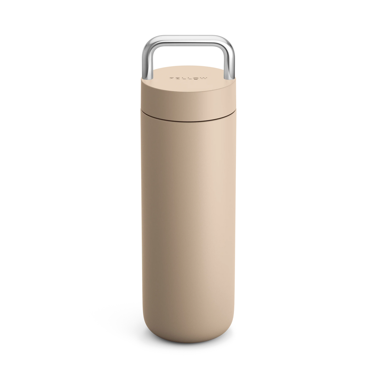 Fellow Carter Carry Travel Mug in beige with silver handle on a white background.