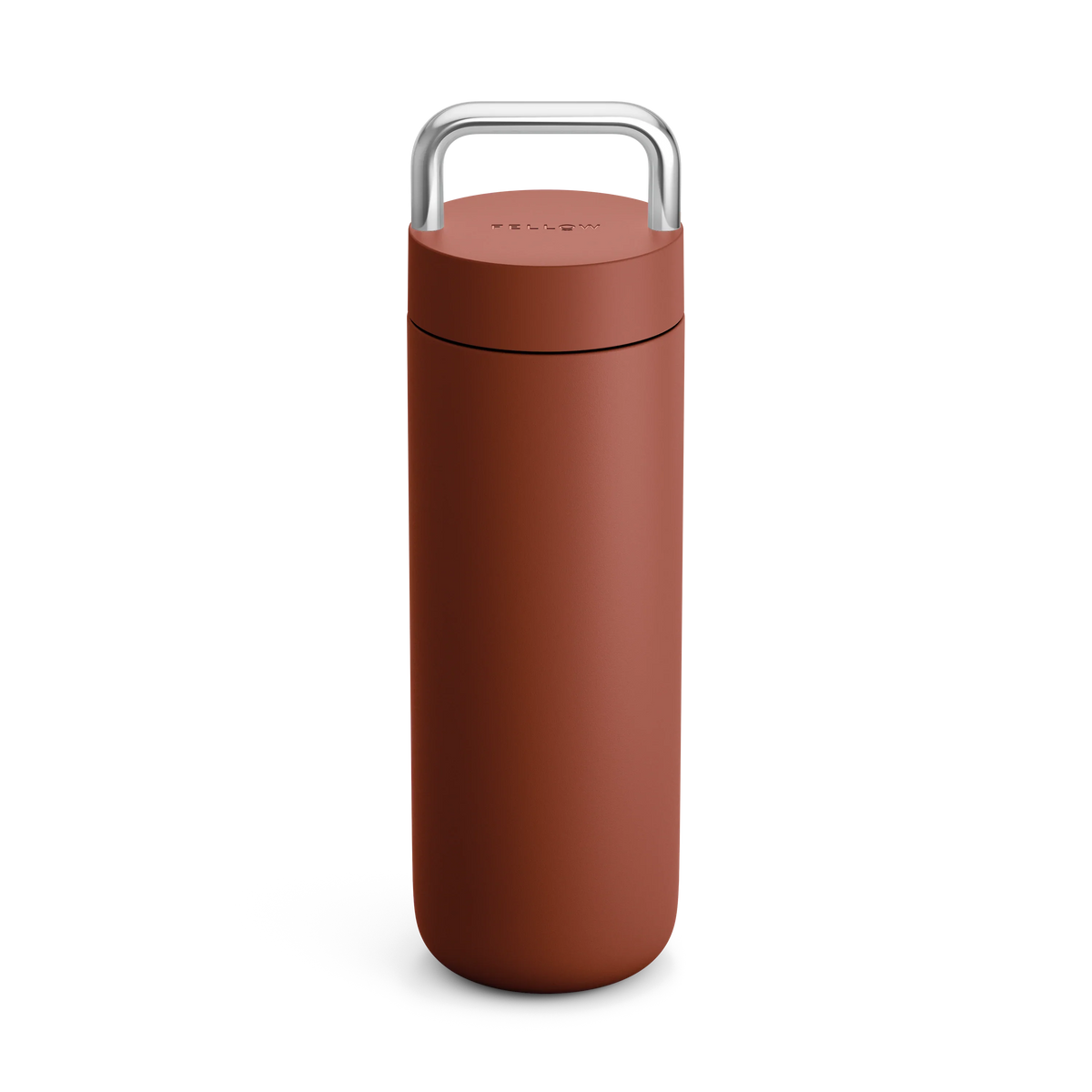 The Fellow Carter Carry Travel Mug is matte brown with a silver handle on the lid, upright position.