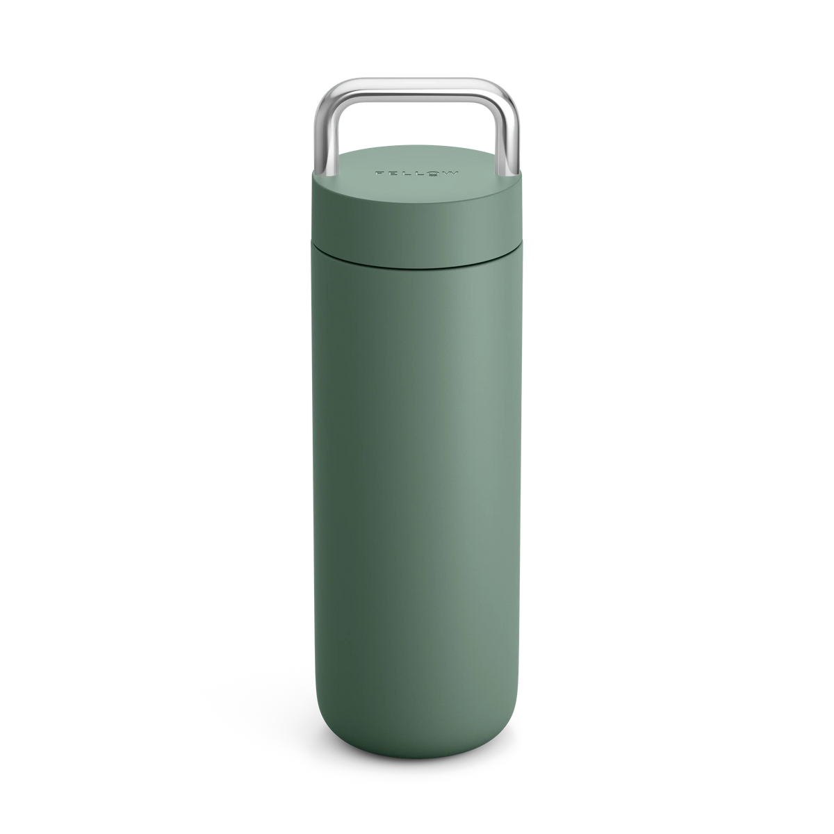 Fellow Carter Carry Travel Mug in Smoke Green with silver handle on a white background.