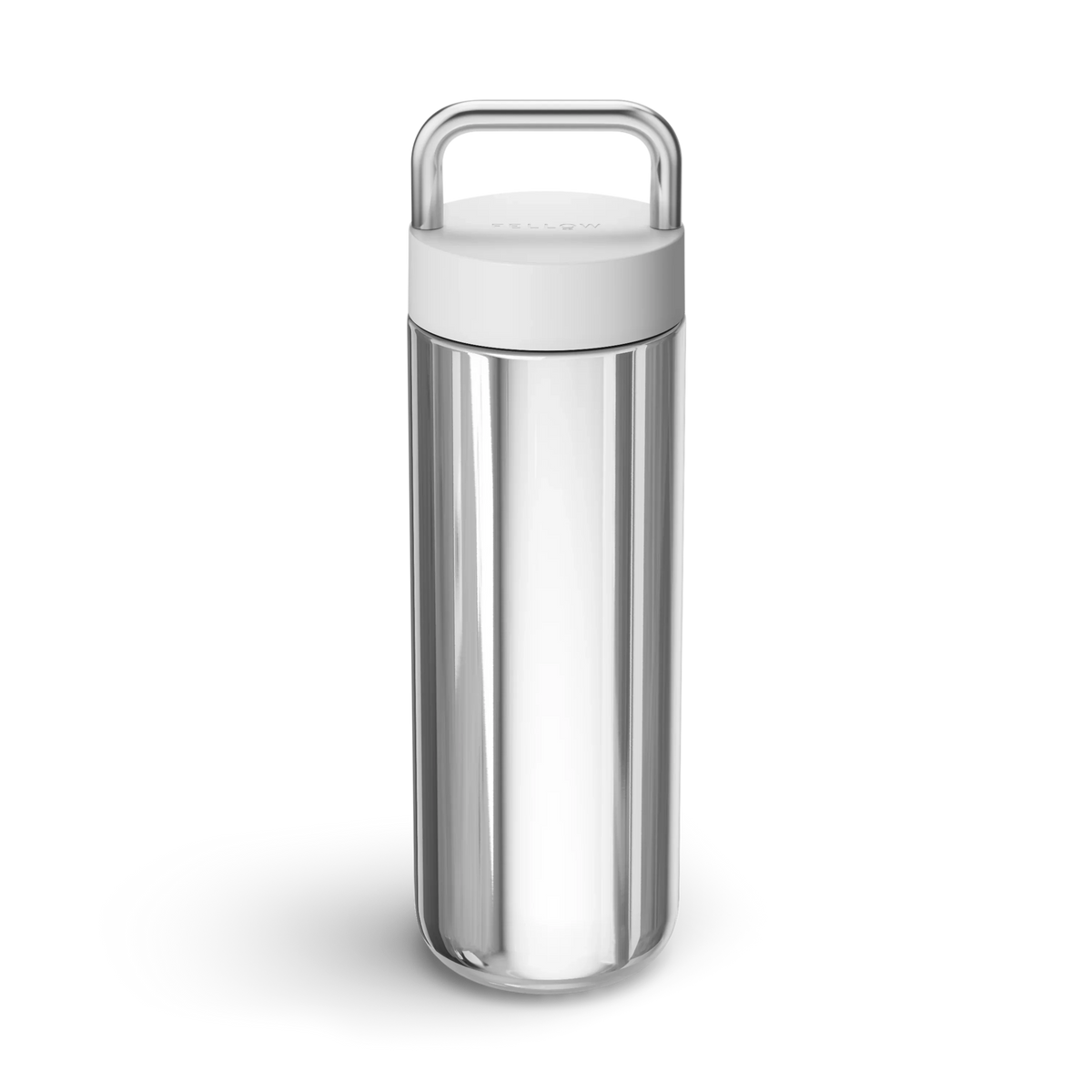Fellow Carter Carry Travel Mug, stainless steel with white lid and large handle, on white background.
