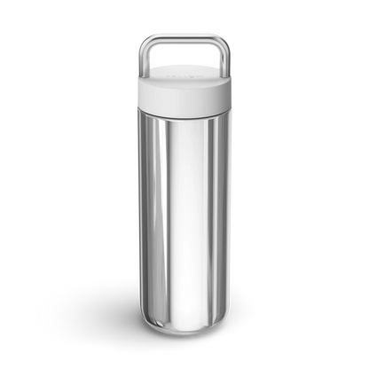 Fellow Carter Carry Travel Mug, stainless steel with white lid and large handle, on white background.
