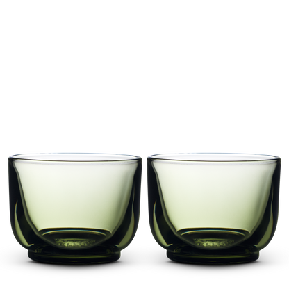 Two Fellow Pirch Espresso Glasses in Woodland, side by side on a white background.
