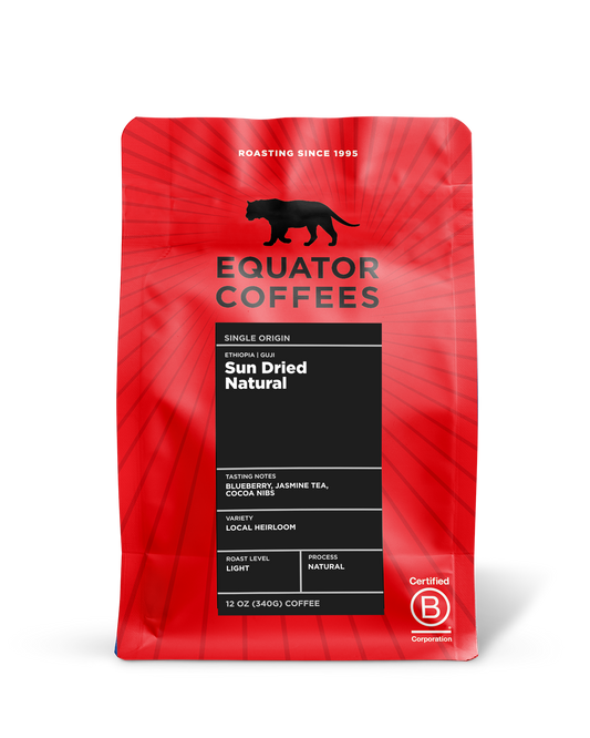 Equator Coffees’ Ethiopia Sun Dried Natural bag features a black panther logo.