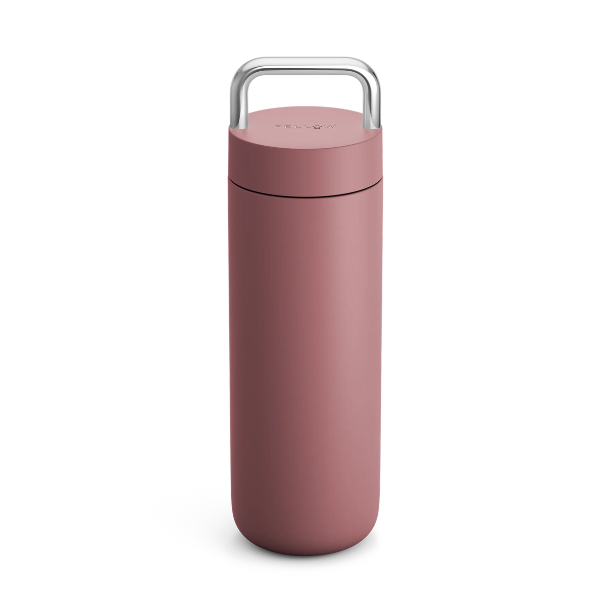 Fellow Carter Carry Travel Mug, matte pink with silver handle, shown on a white background.
