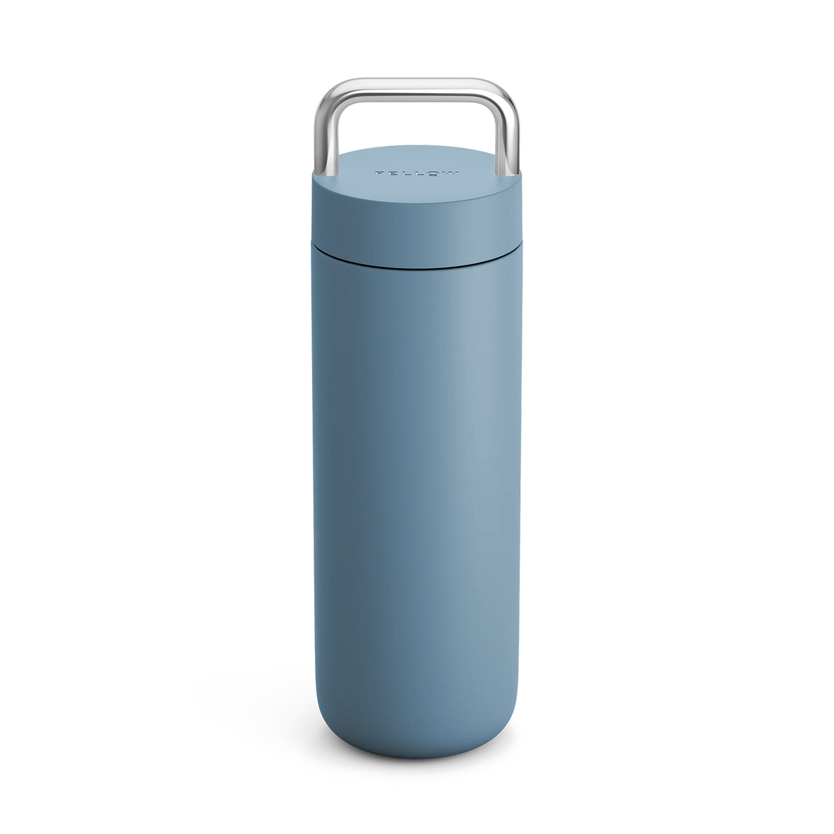 Fellow Carter Carry Travel Mug, tall blue with silver handle, shown on a white background.