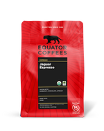 Red bag of Equator Coffees Jaguar Espresso with sun-dried coffee notes on the front.
