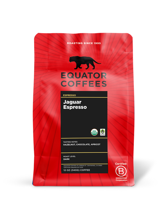 Red bag of Equator Coffees Jaguar Espresso with sun-dried coffee notes on the front.