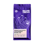 Purple coffee bag with a smiling sloth and Bean & Bean Panama Elida Estate label on front.