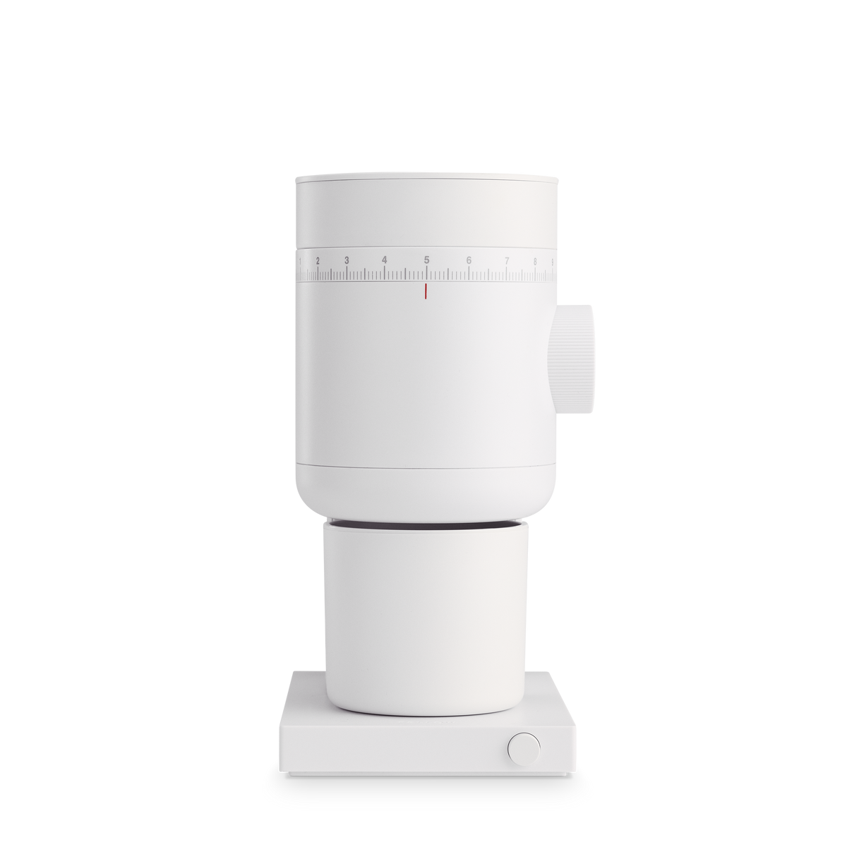 Fellow Opus 2 Conical Burr Grinder in matte white, featuring a dial and base on a plain background.