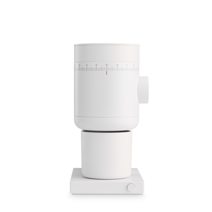 Fellow Opus 2 Conical Burr Grinder in matte white, featuring a dial and base on a plain background.