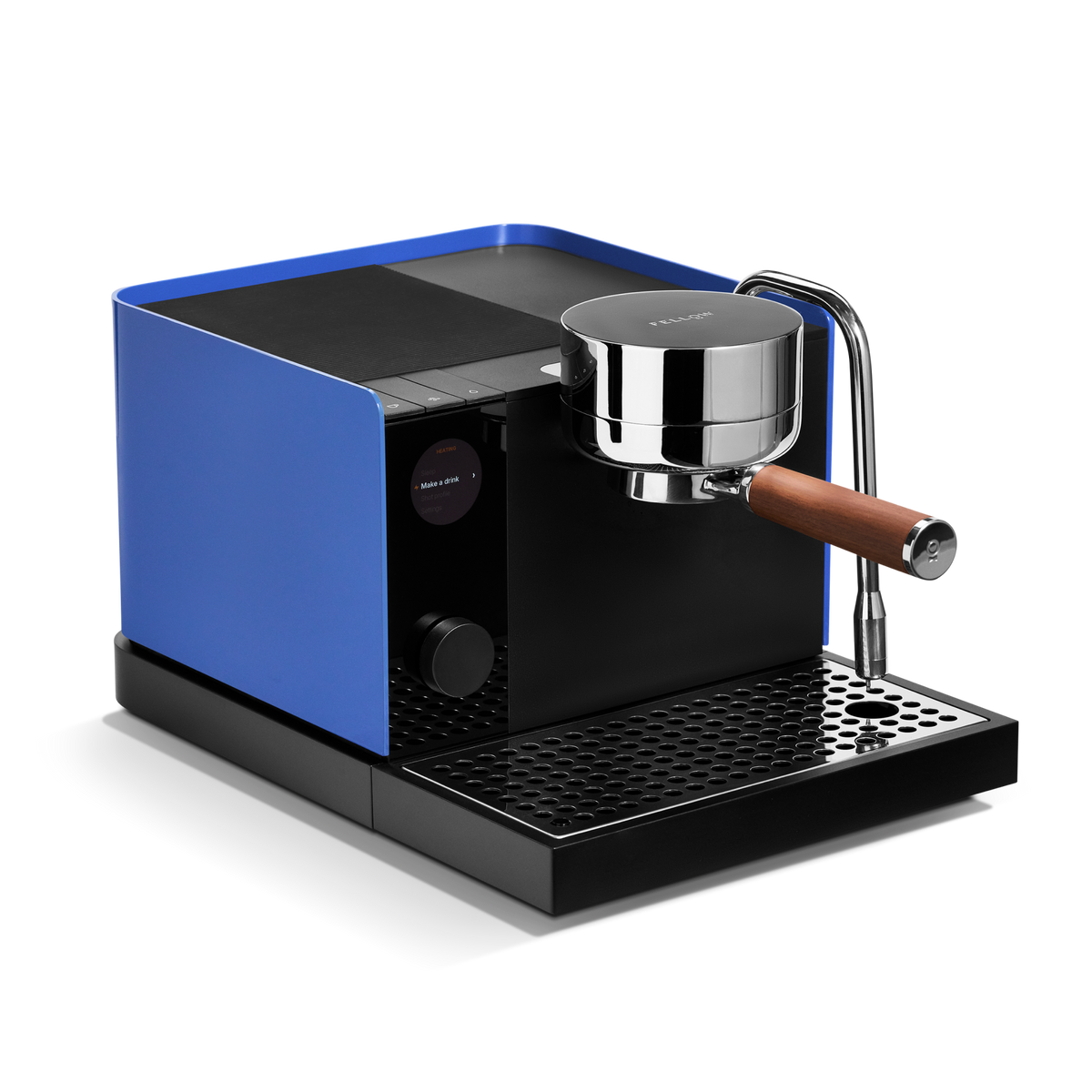 Fellow Espresso Series 1 in Marine Blue + Walnut with pressure control and wooden portafilter.