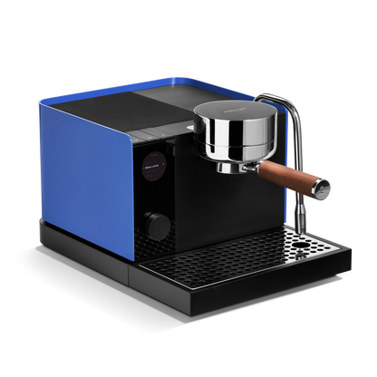 Fellow Espresso Series 1 in Marine Blue + Walnut with pressure control and wooden portafilter.