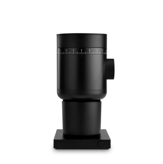 Fellow Opus 2 Conical Burr Grinder in matte black, shown on a square base.