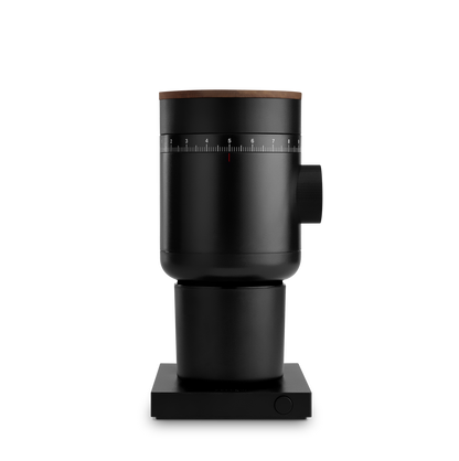 Fellow Opus 2 Grinder in matte black + walnut—ideal for pour-over coffee.