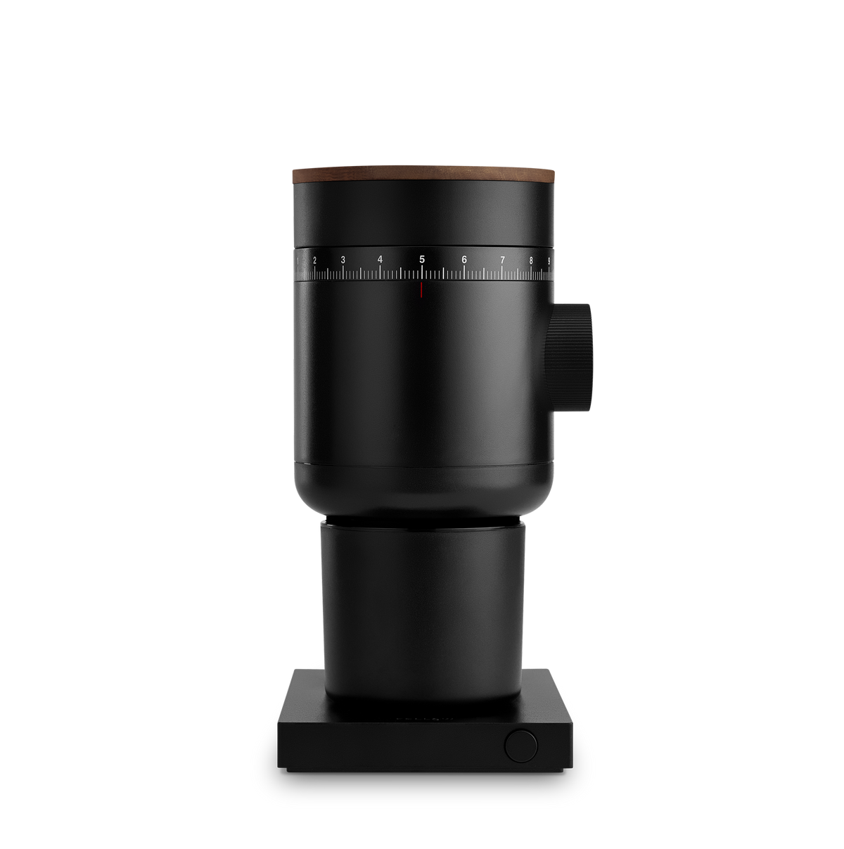 Cherry red + walnut Opus 2 Conical Burr Grinder by Fellow with numbered grind size dial.