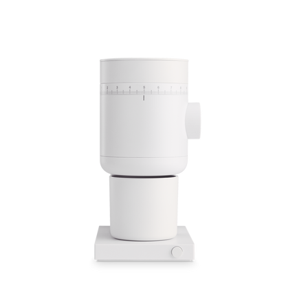 Fellow Opus 2 Conical Burr Grinder in matte white, with measurement markings on the base.