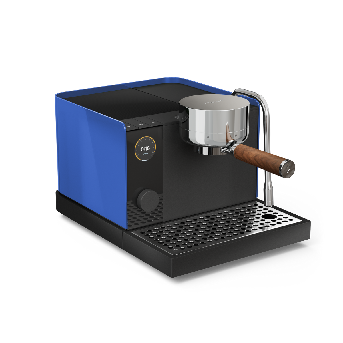 Fellow Espresso Series 1 in Marine Blue + Walnut with pressure control and digital display.