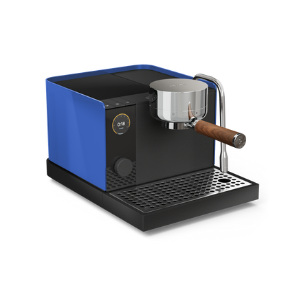 Fellow Espresso Series 1 in Marine Blue + Walnut with pressure control and digital display.