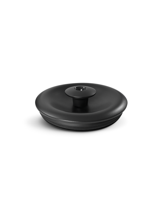 Black, round Fellow Aiden Precision Coffee Maker thermal carafe lid with central handle.