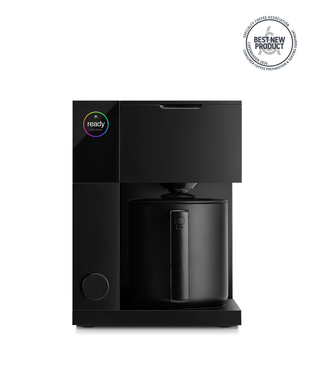 Fellow Aiden Precision Coffee Maker in matte black brews great coffee with digital display.