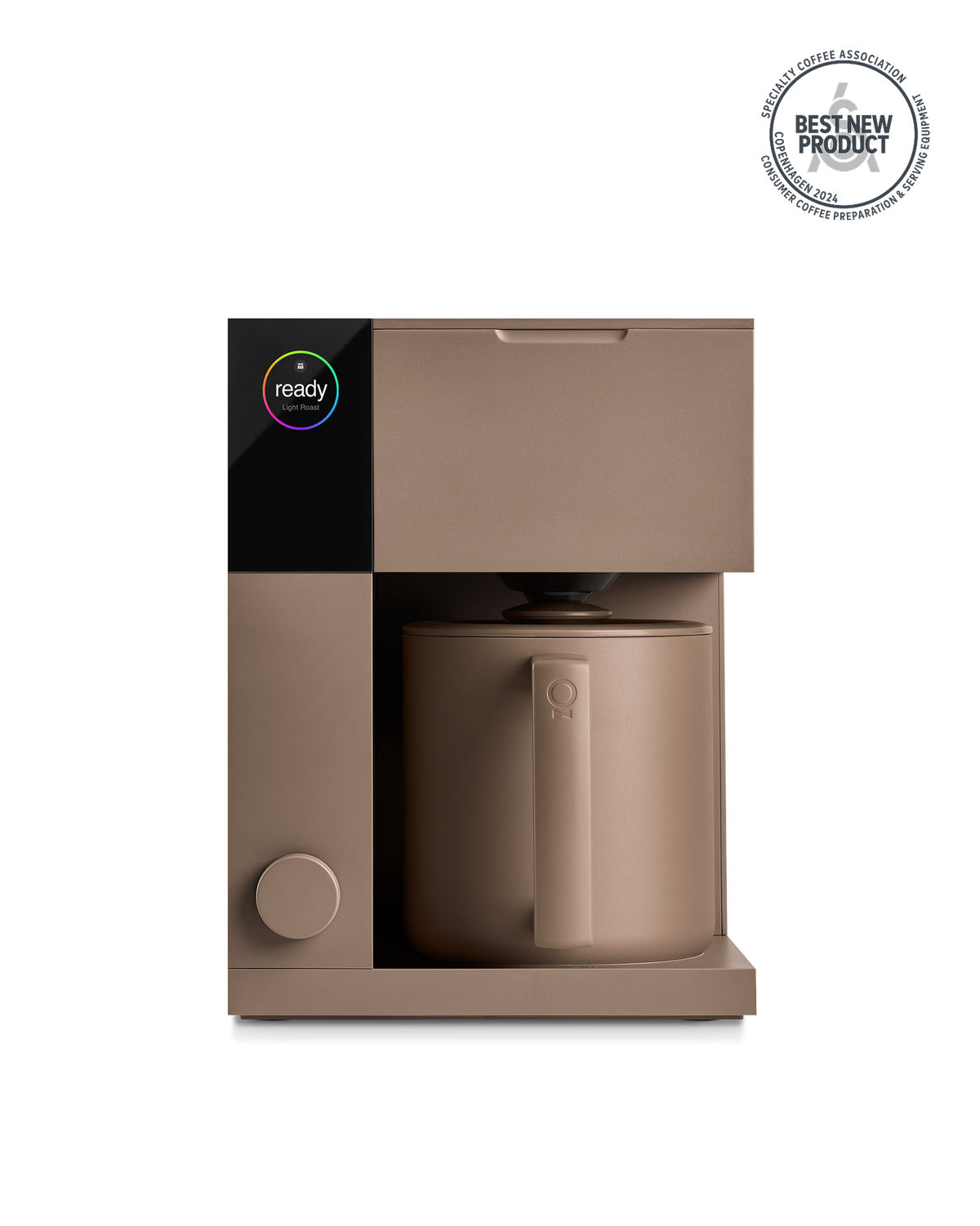 Fellow Aiden Precision Coffee Maker in Malted Chocolate with mug, ready light, and award badge.
