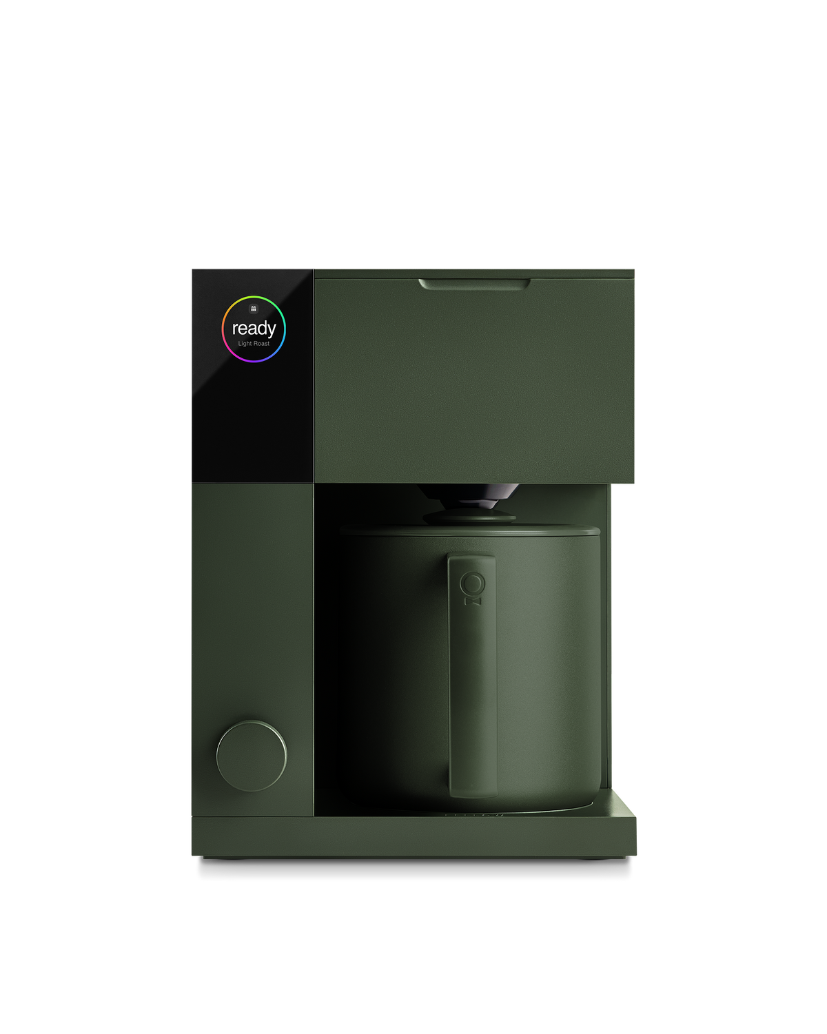 Fellow Aiden Precision Coffee Maker in dark green with a circular ready display top left.