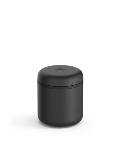 Fellow Atmos Vacuum Canister, black, with button and LED—ideal for storing coffee beans.