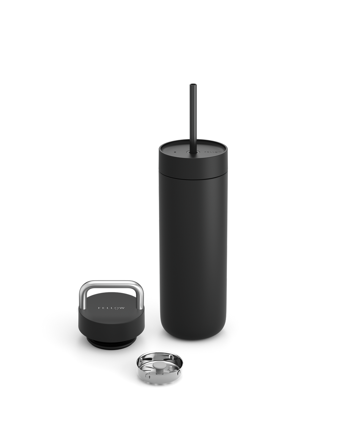 Fellow Carter 2-in-1 Chill Set: black insulated bottle with straw, extra lid, and metal ring.